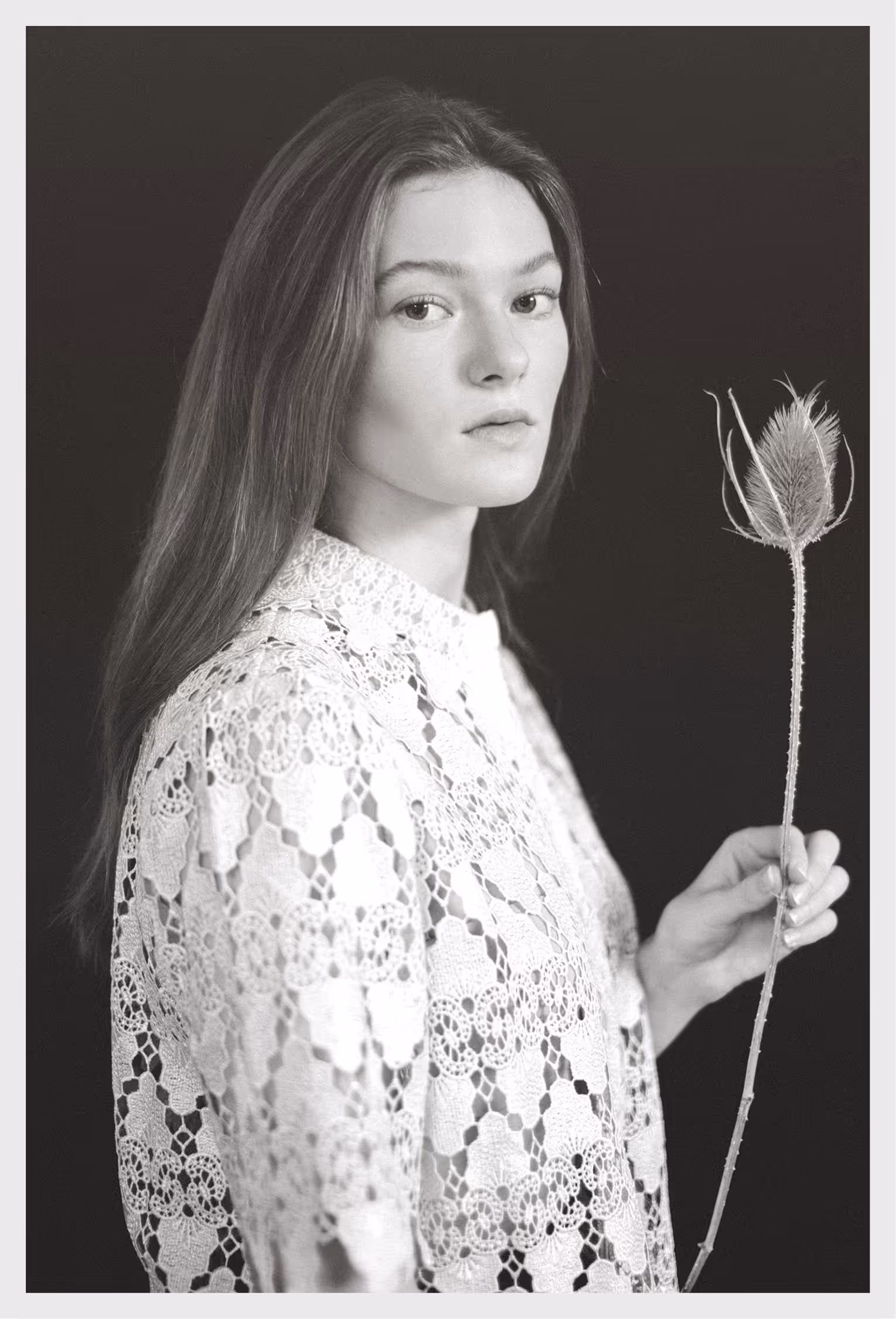 B&W fine art portrait in Vejle featuring a model in a detailed lace blouse holding a dried teasel flower, exploring textures against a dark background.